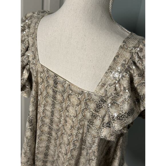 Endless Rose Tan Snake Print Sequin Ruffle Sleeve Cropped Top, XS - Picture 5 of 8